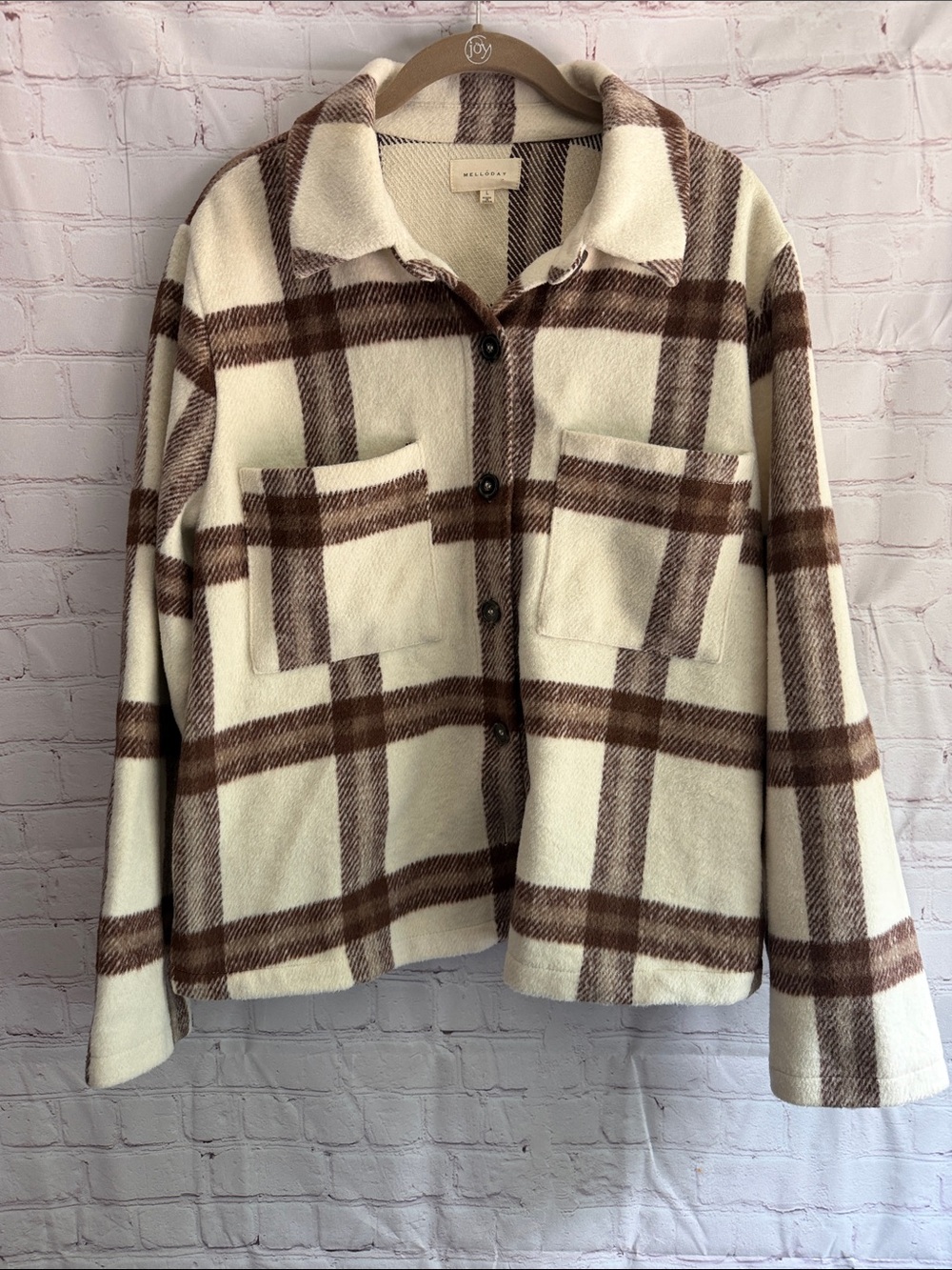 MELLODAY Cream and Brown Plaid shirt Jacket Shacket Woman’s Large
